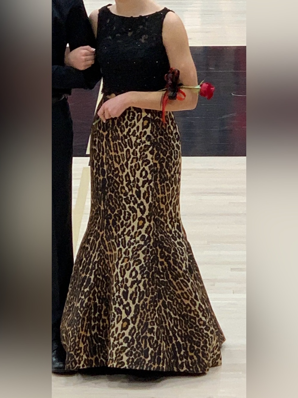 Sherri Hill Black Lace Top Leopard Print Mermaid Gown
